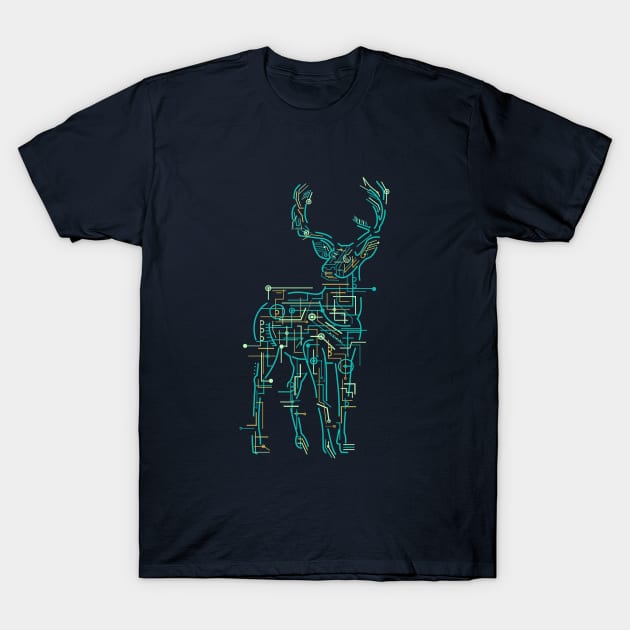 Cyber Deer: Futuristic Deer with Glowing Circuits T-Shirt by Jarecrow 